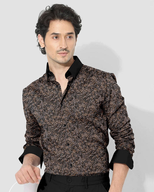 Carbon Black and Nutria Brown Paisley Pattern Printed Designer Cotton Full Sleeve Shirt