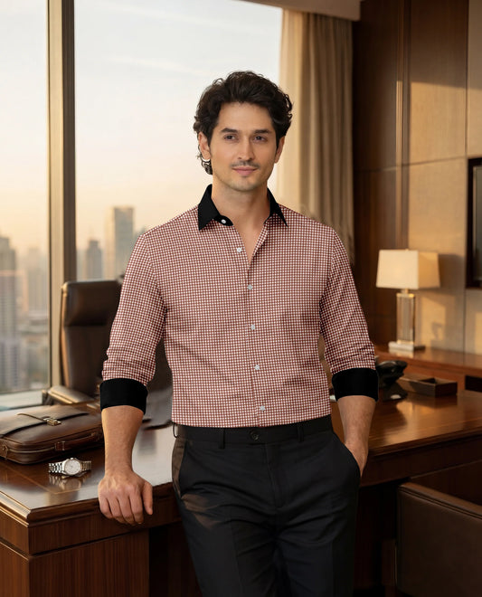 Royal French Micro Check Oxford Cotton Maroon With Black Cuff Caller Shirt