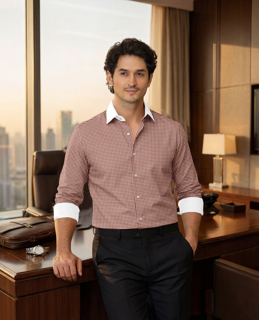 Royal French Micro Check Oxford Cotton Maroon With White Cuff Caller Shirt