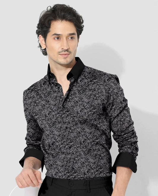 Carbon Black and Meteorite Grey Paisley Pattern Printed Designer Giza Cotton Full Sleeve Shirt