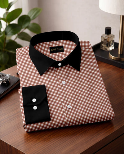 Micro Check Oxford Cotton Maroon With Black Cuff Caller