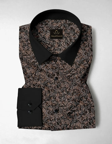 Carbon Black and Nutria Brown Paisley Pattern Printed Designer Cotton Full Sleeve Shirt