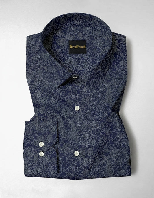 Insignia Blue With Olive Green Vector Flower Printed Cotton Long Sleeve Shirt