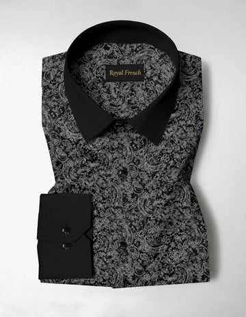 Carbon Black and Meteorite Grey Paisley Pattern Printed Designer Giza Cotton Full Sleeve Shirt